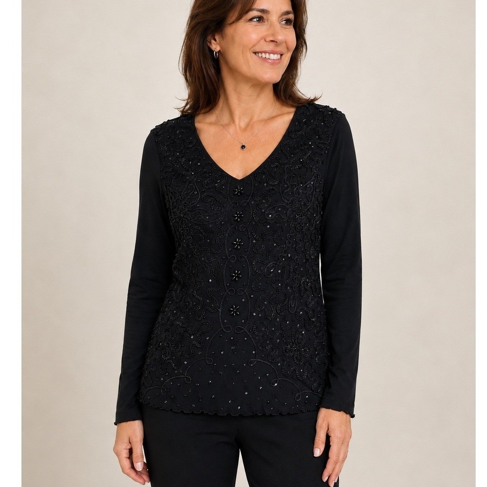 Valenti Womens‎ Black Soutache Sequin Beaded V-Neck Top Long Sleeve Size M